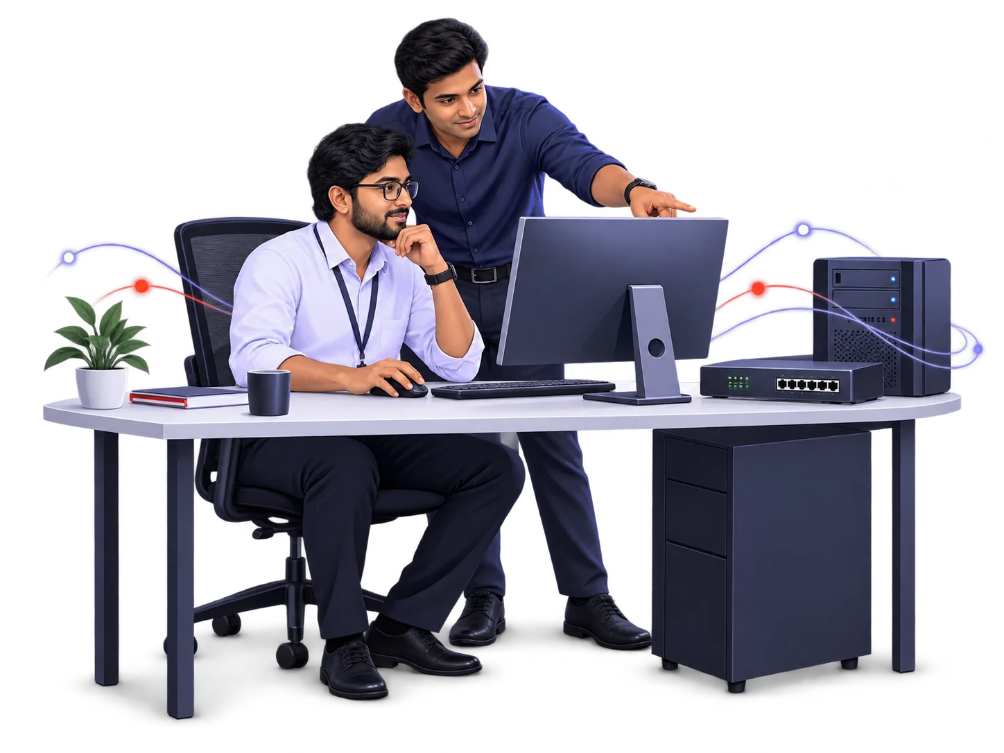 Illustration of IT specialists collaborating on computer and network support