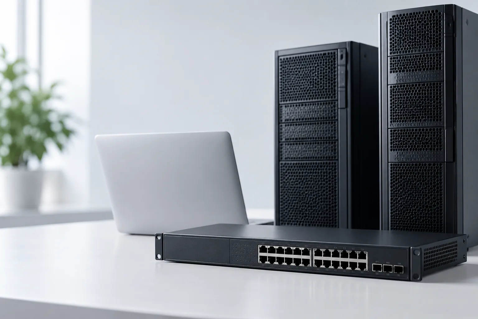 Laptop, network switch and enterprise servers