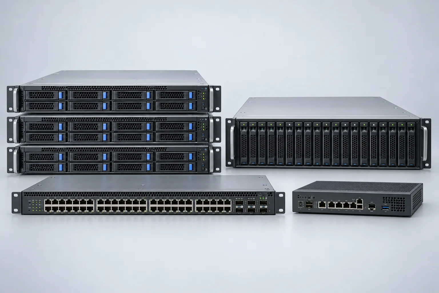 Rackmount servers, storage array, network switch and firewall
