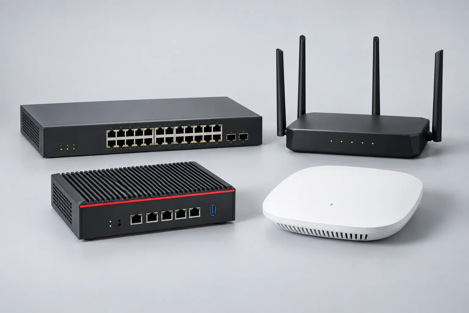 Switch, router, firewall and wireless access point