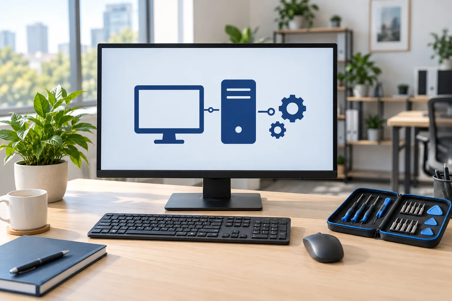 Workstation with a diagnostic illustration and neatly arranged tools