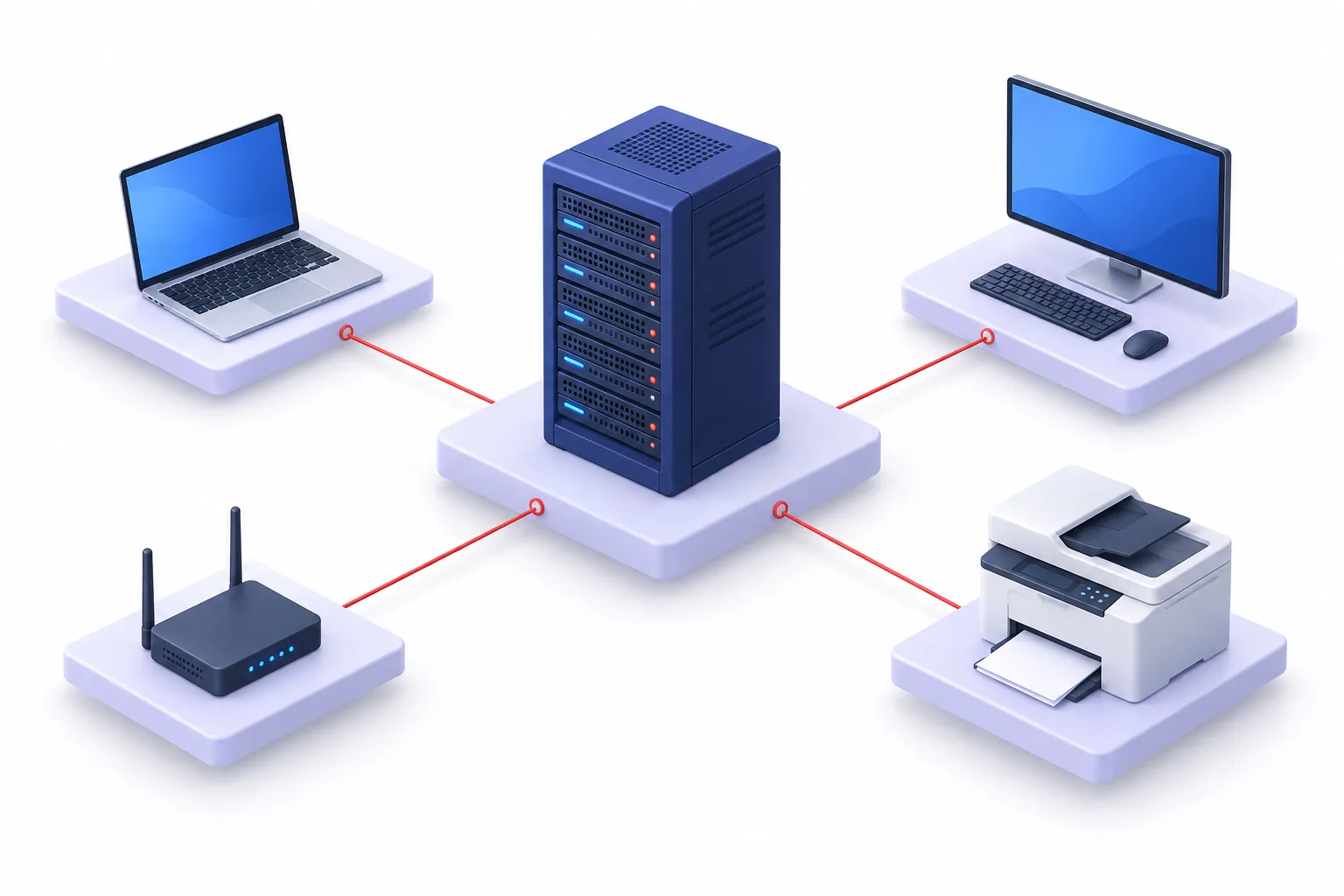 Connected server, computers, router and printer illustration