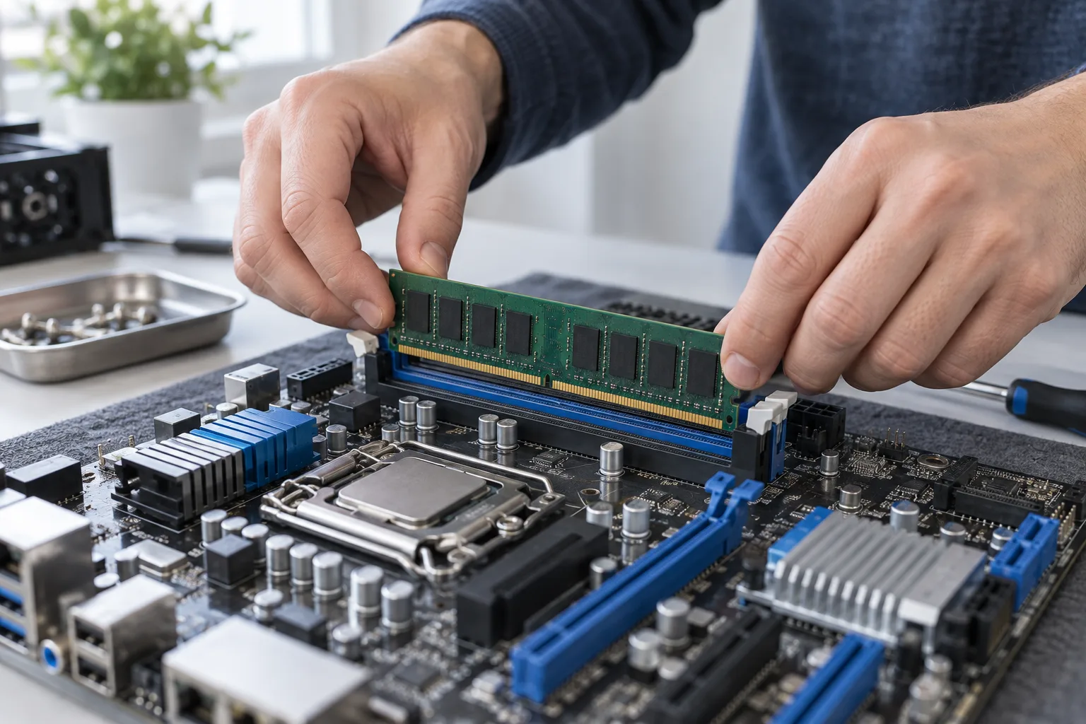 Hands carefully fitting memory into a motherboard